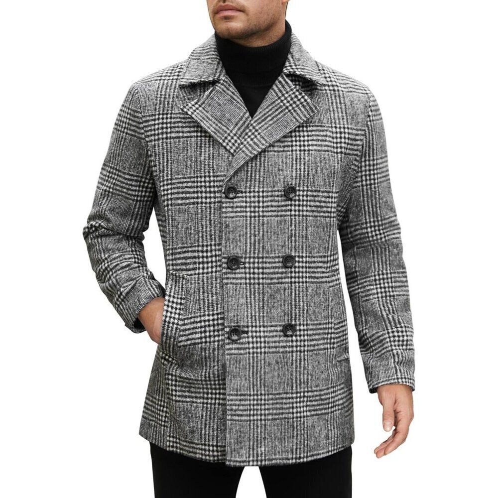 Men's Grey Plaid Double Breasted Pea Coat Trench Coat Notched Collar Overcoat